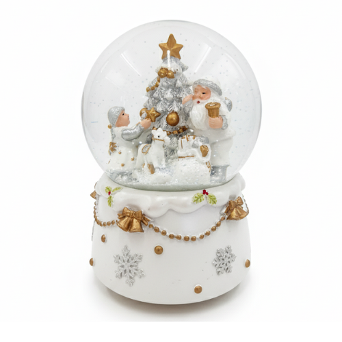 White & Gold Santa Snow Globe – 12 cm