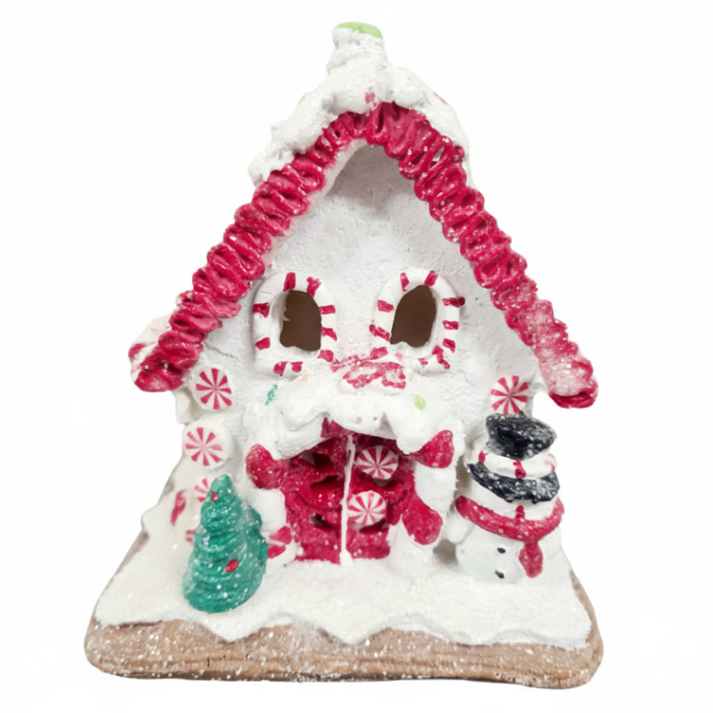 White Snowman Gingerbread House with Lights – 14 cm