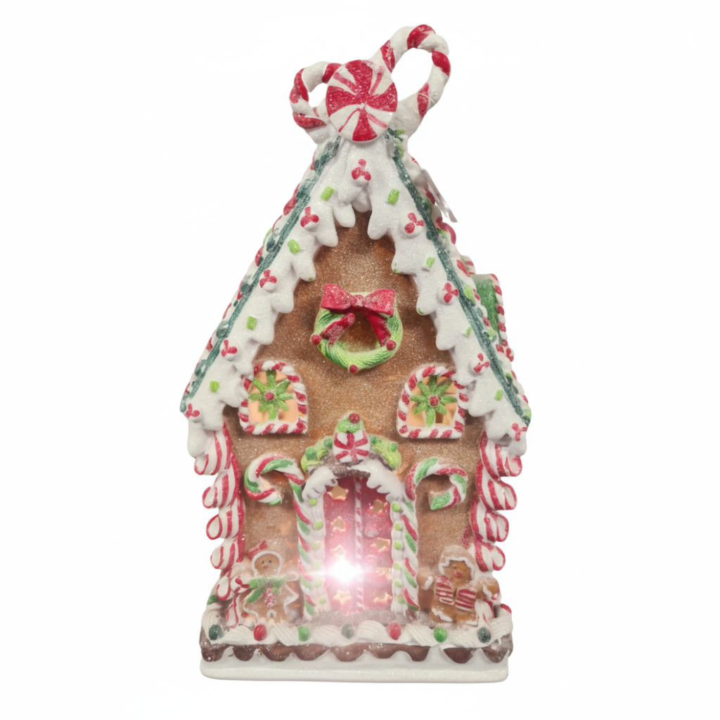 Candy Cane Gingerbread House with Lights – 37 cm