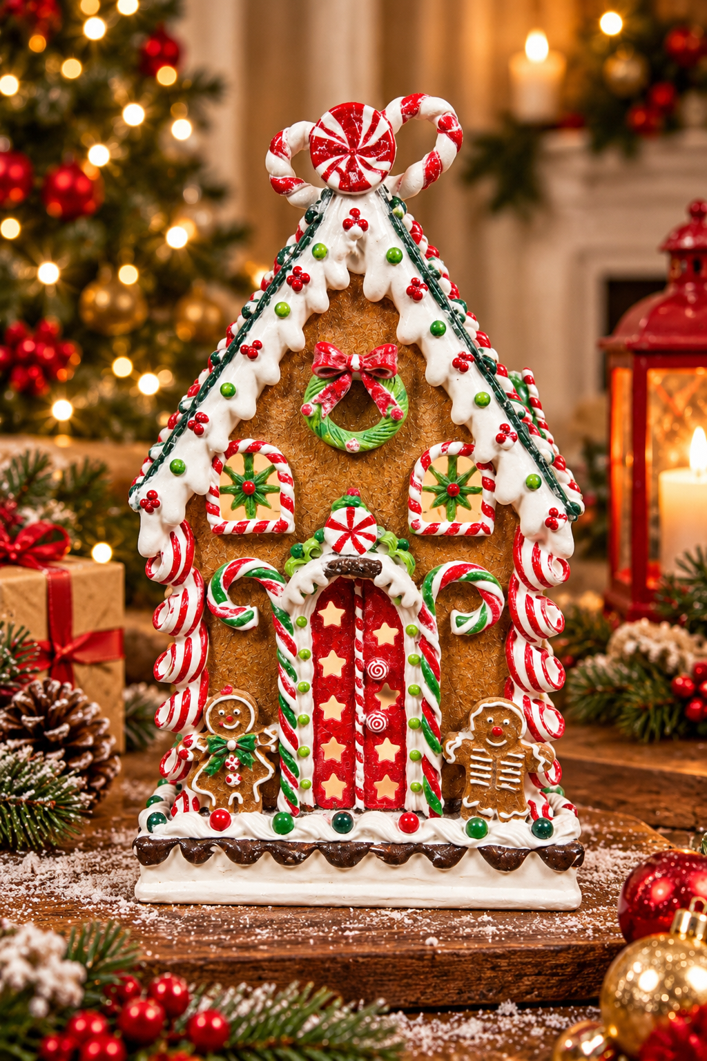 Candy Cane Gingerbread House with Lights – 37 cm