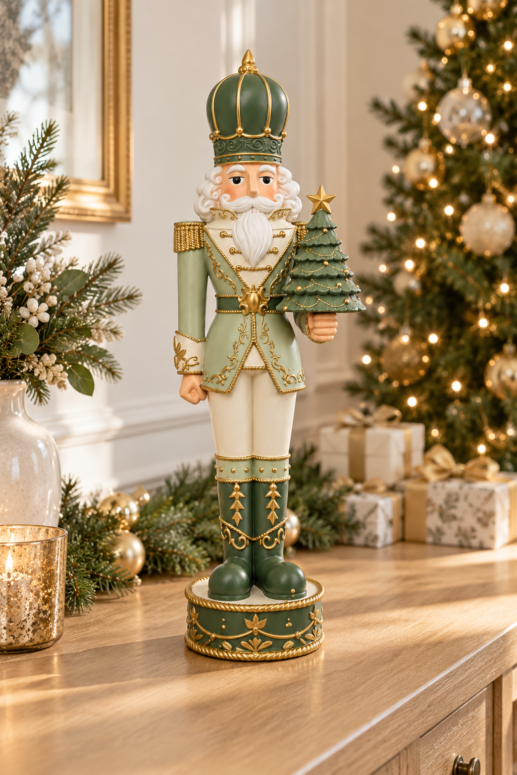 Mint Green & Gold Nutcracker holding a christmas tree
