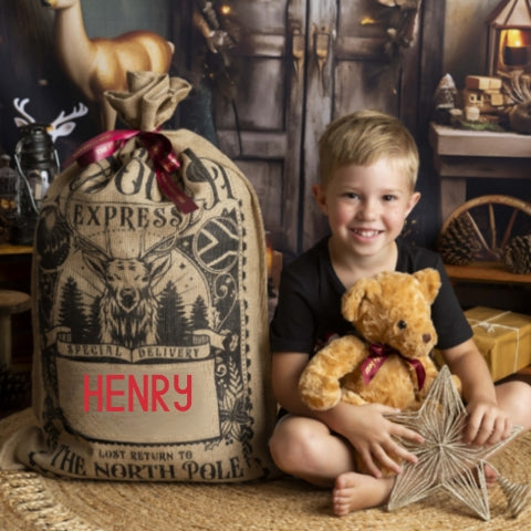 Rudolph Christmas Sack - Vintage Personalised Black/Red - 80cm x 53cm